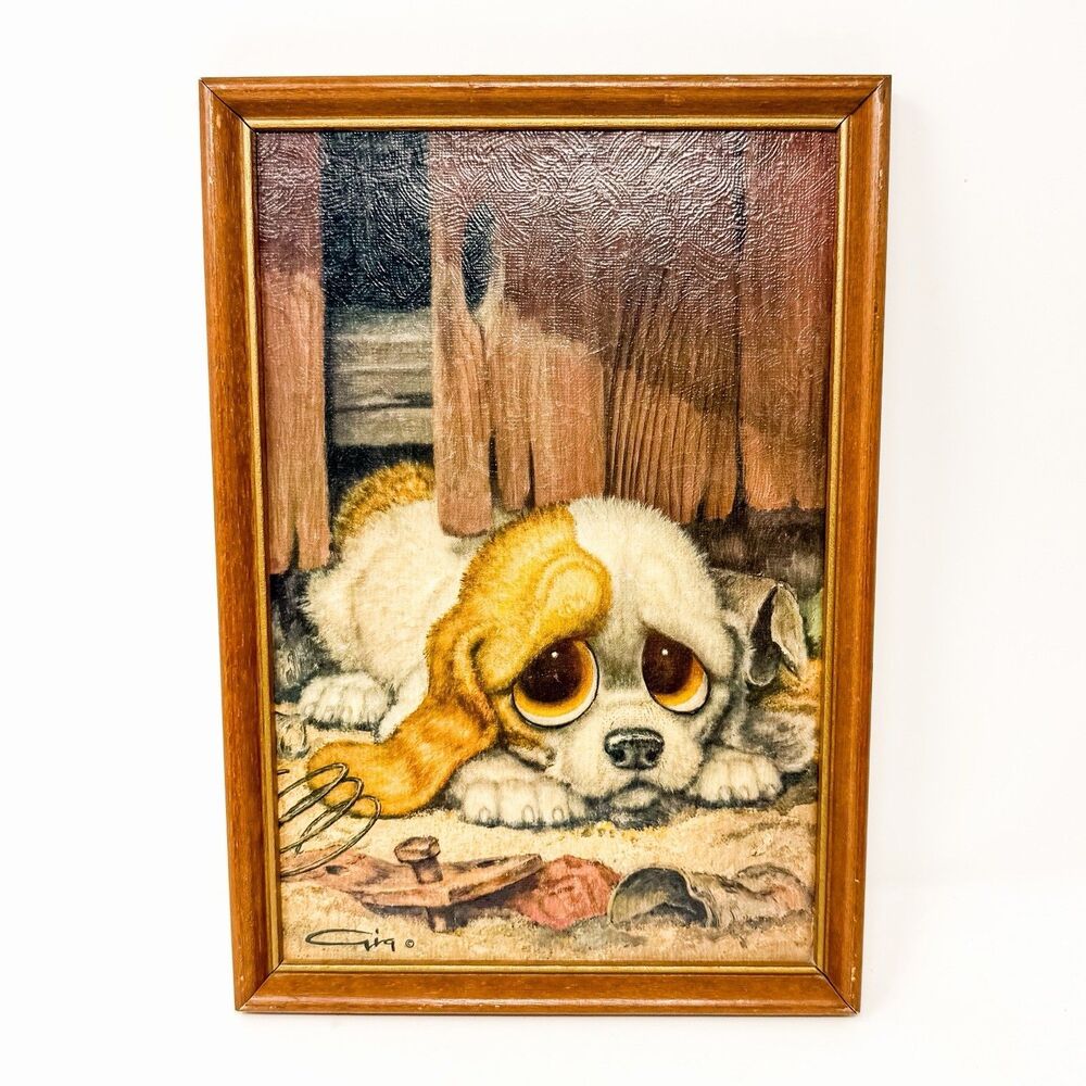 Vintage 1960s Girard Goodenow Gig Pity Puppy Big Eyes Framed Art Print 9x13